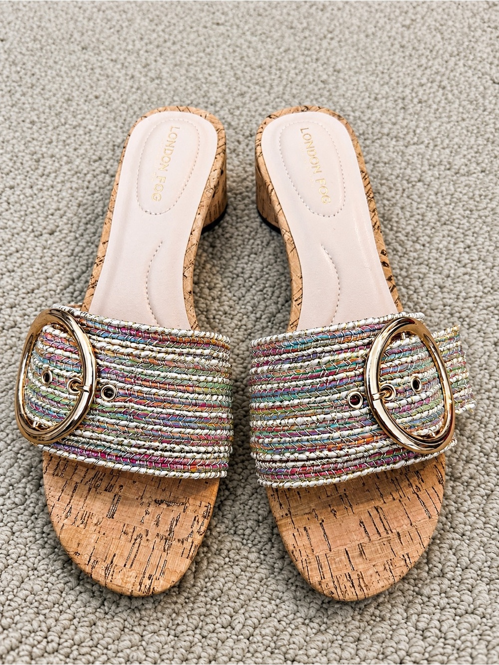 London Fog Multicolor Woven Cork Slide Sandals with Gold Buckle